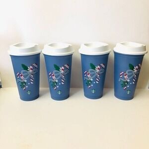 Starbucks Holiday Color Changing Reusable Hot Cup Set‎ 16oz Blue Candy Cane 4pk